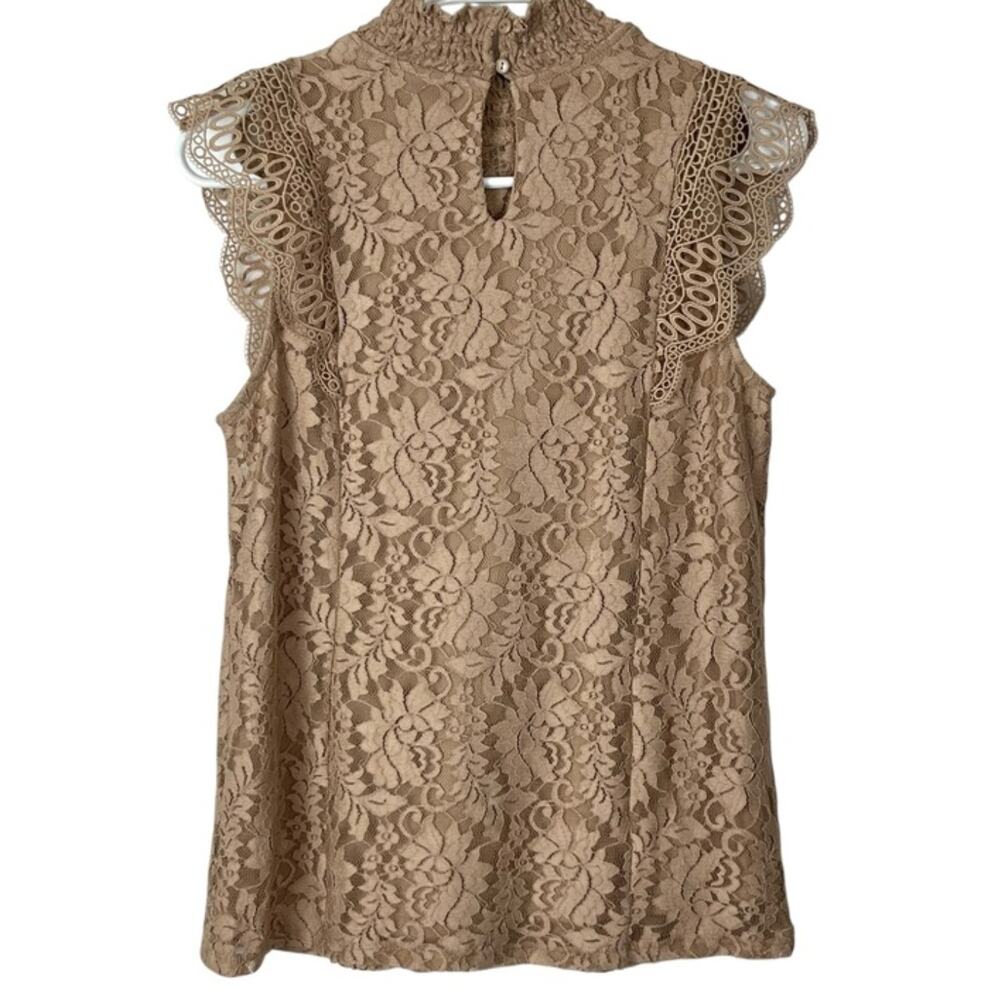 Cable & Gauge Tan Lace Hi Neck Sleeveless Blouse Top Sz XL Feminine Coquette Vtg - Picture 3 of 7